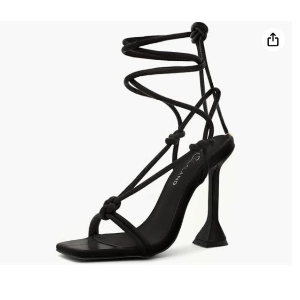 Shoe Land Black Strappy Lace-Up Heeled Sandals Size 8.5 Womens Square Toe Minima - Picture 2 of 6
